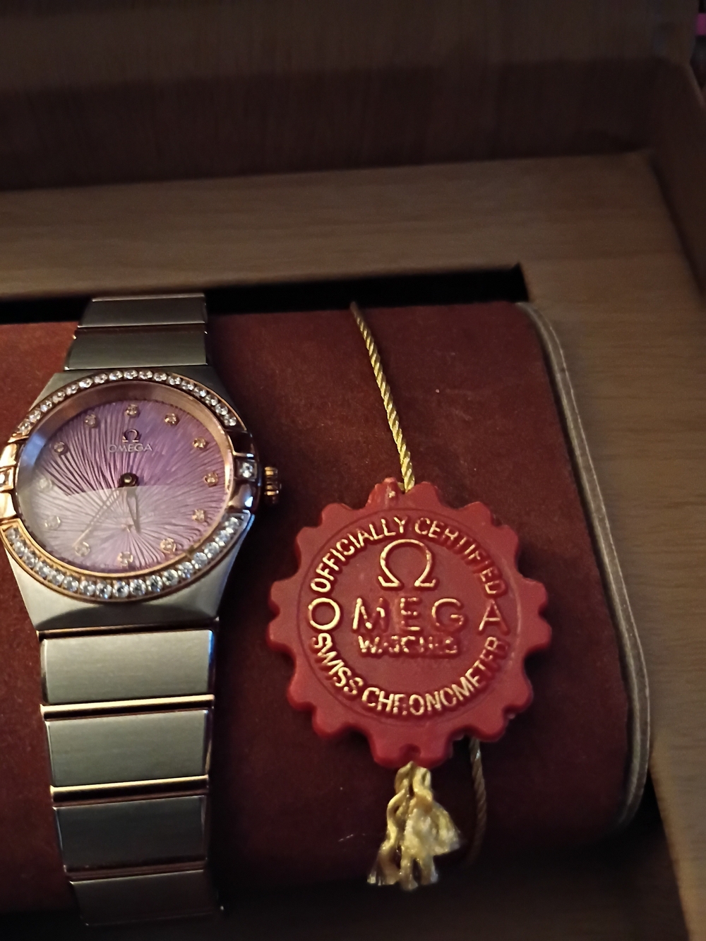 Omega Ladies Two-Tone Watch with Purple Dial and Diamond Bezel